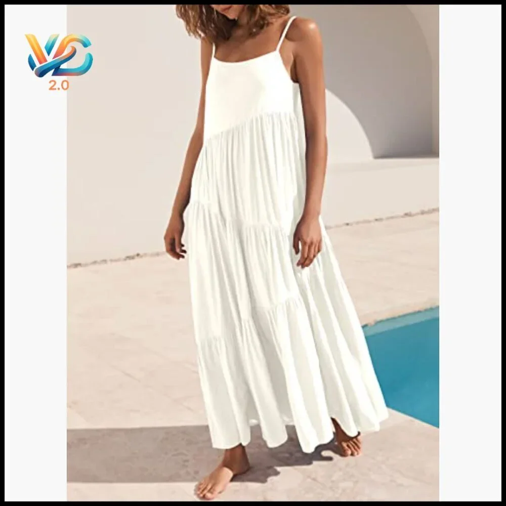 Loose Fit Maxi Dress with Adjustable Spaghetti Straps, Flowy Swing Hem